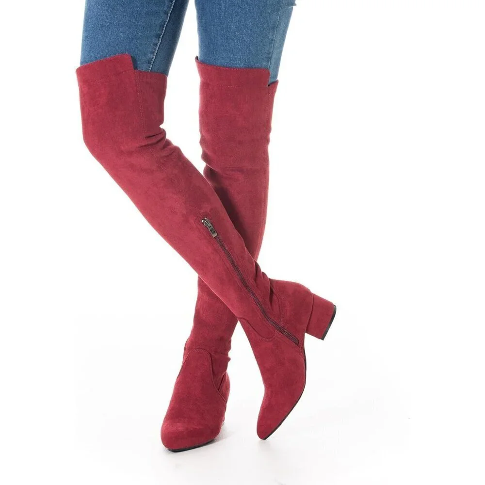 Women Red/2 Inch Heel Faux Suede Over The Knee Thigh High Low Block Heel Boot